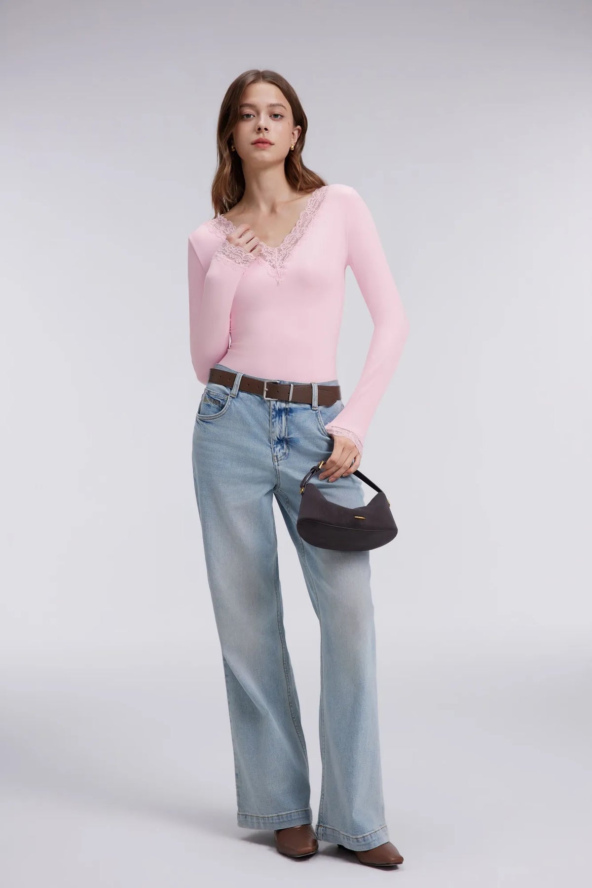 Sexy V Neck Lace Shirt - Long Sleeve