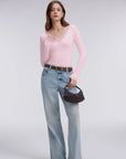 Sexy V Neck Lace Shirt - Long Sleeve