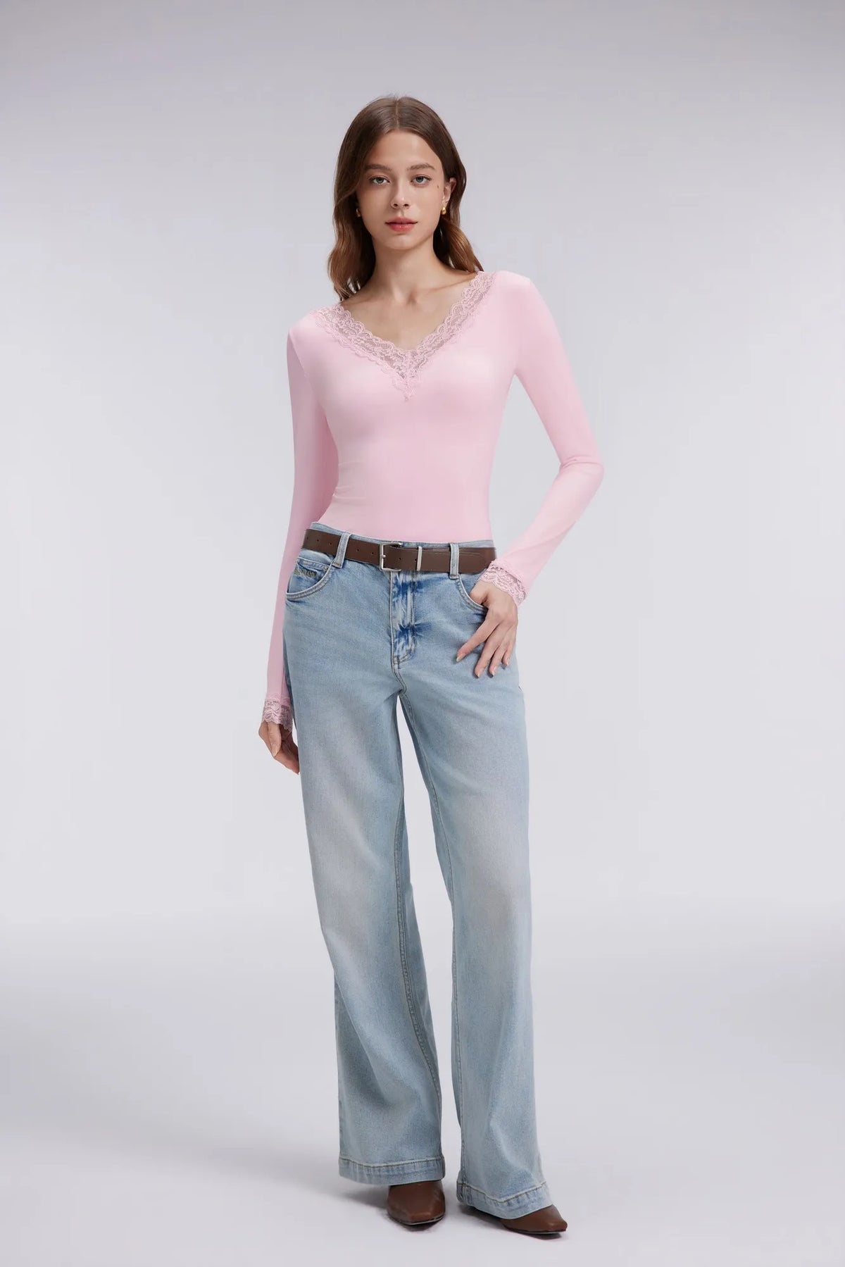 Sexy V Neck Lace Shirt - Long Sleeve
