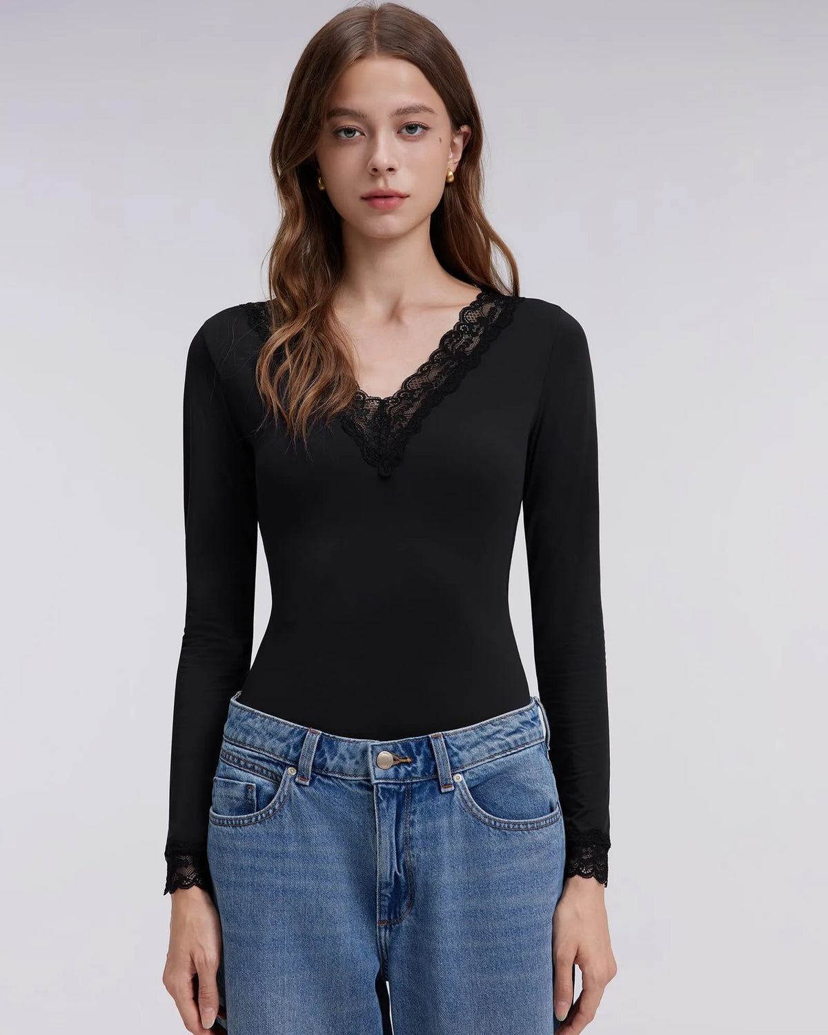 Sexy V Neck Lace Shirt - Long Sleeve