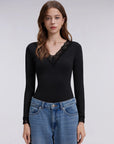 Sexy V Neck Lace Shirt - Long Sleeve
