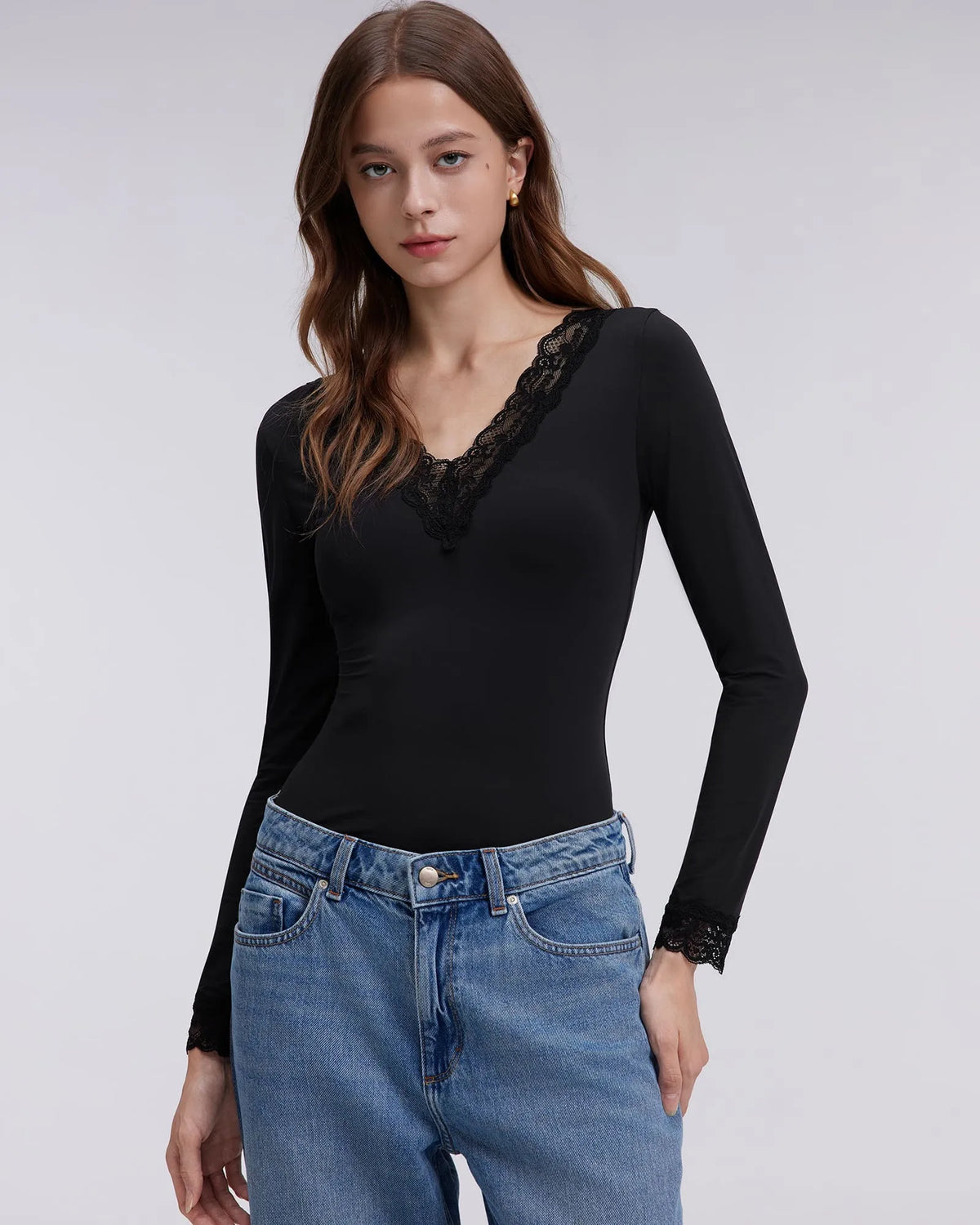 Sexy V Neck Lace Shirt - Long Sleeve