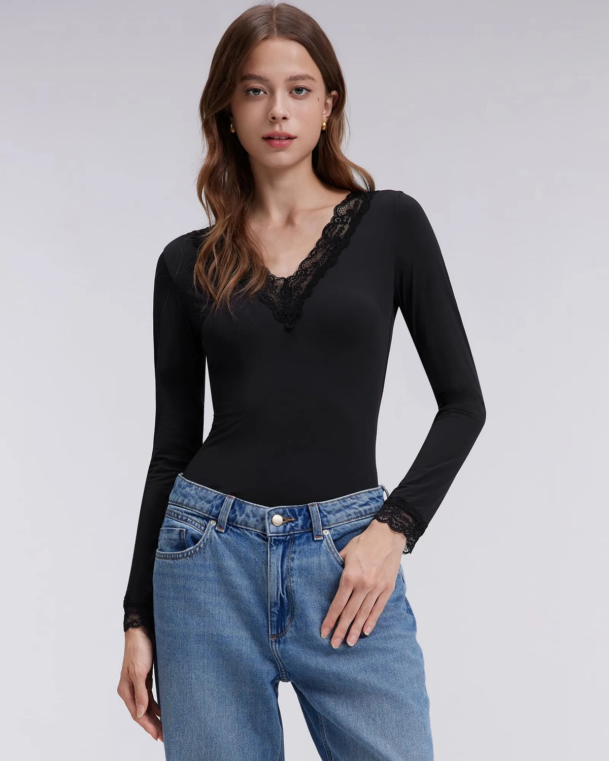 Sexy V Neck Lace Shirt - Long Sleeve