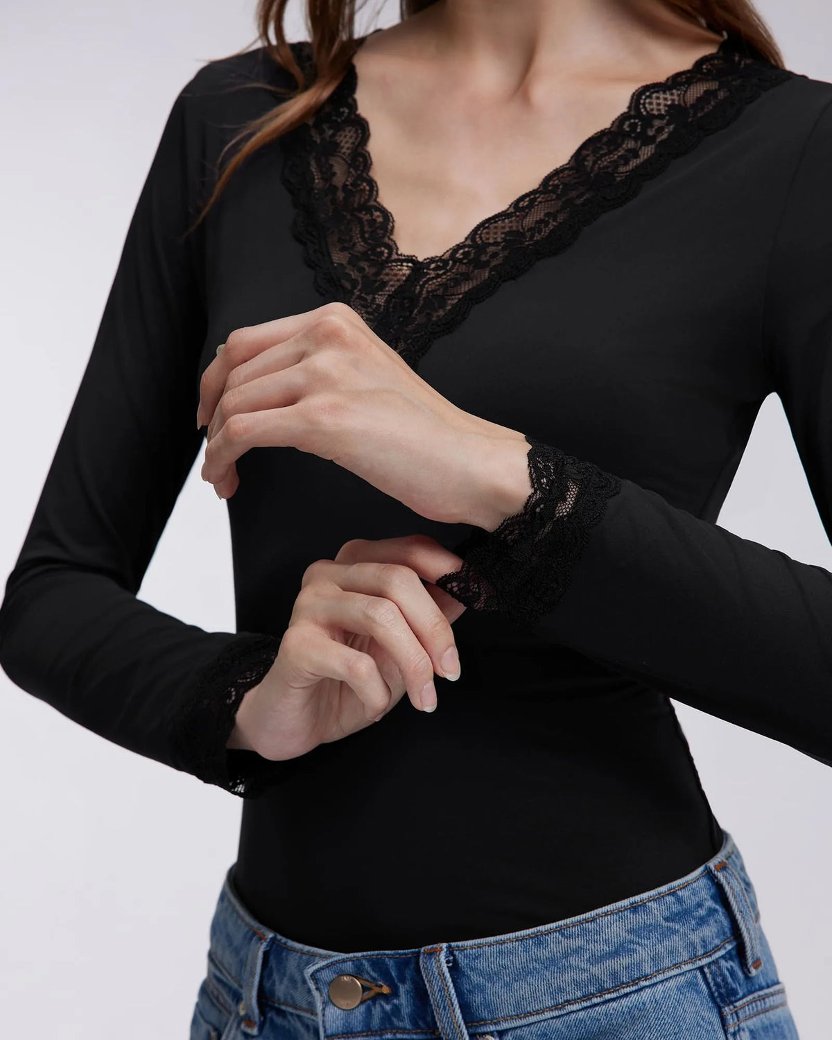 Sexy V Neck Lace Shirt - Long Sleeve