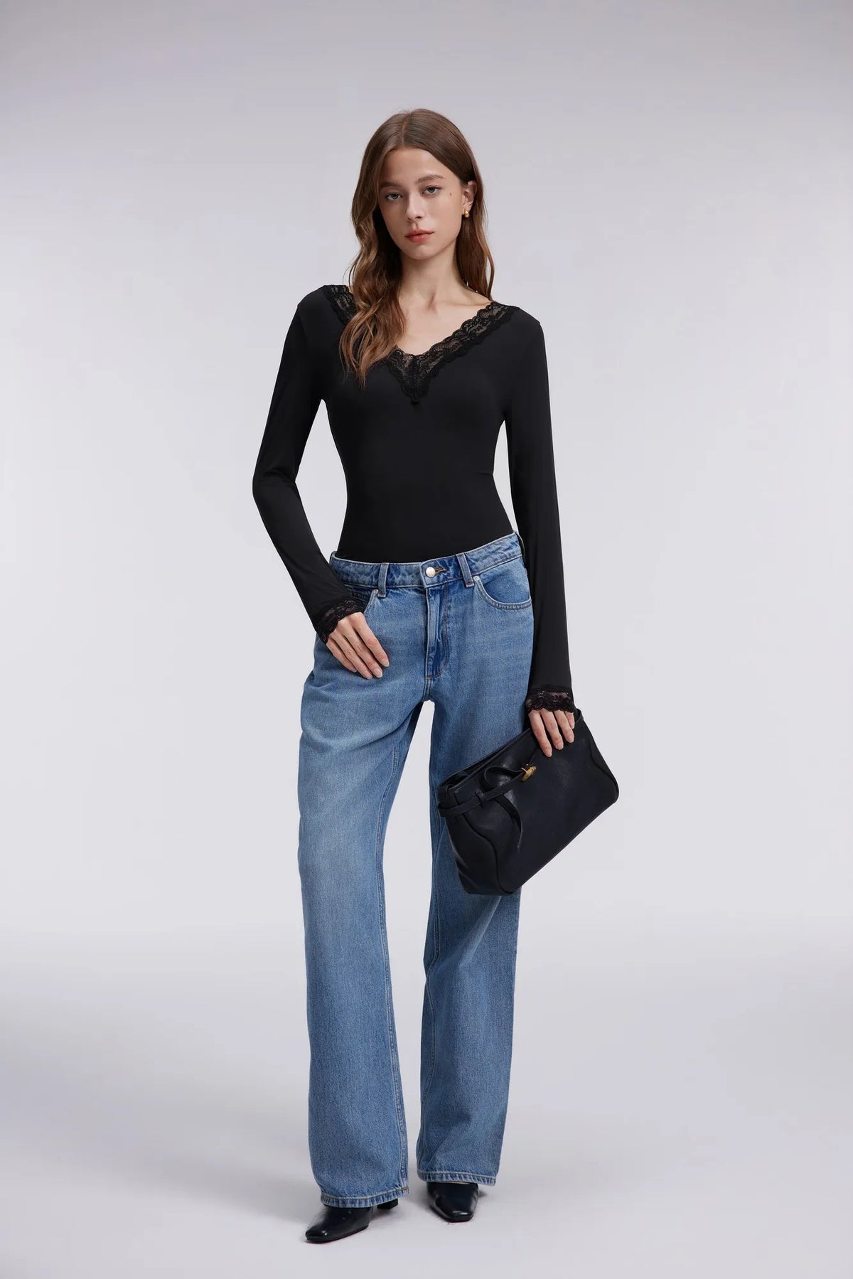Sexy V Neck Lace Shirt - Long Sleeve