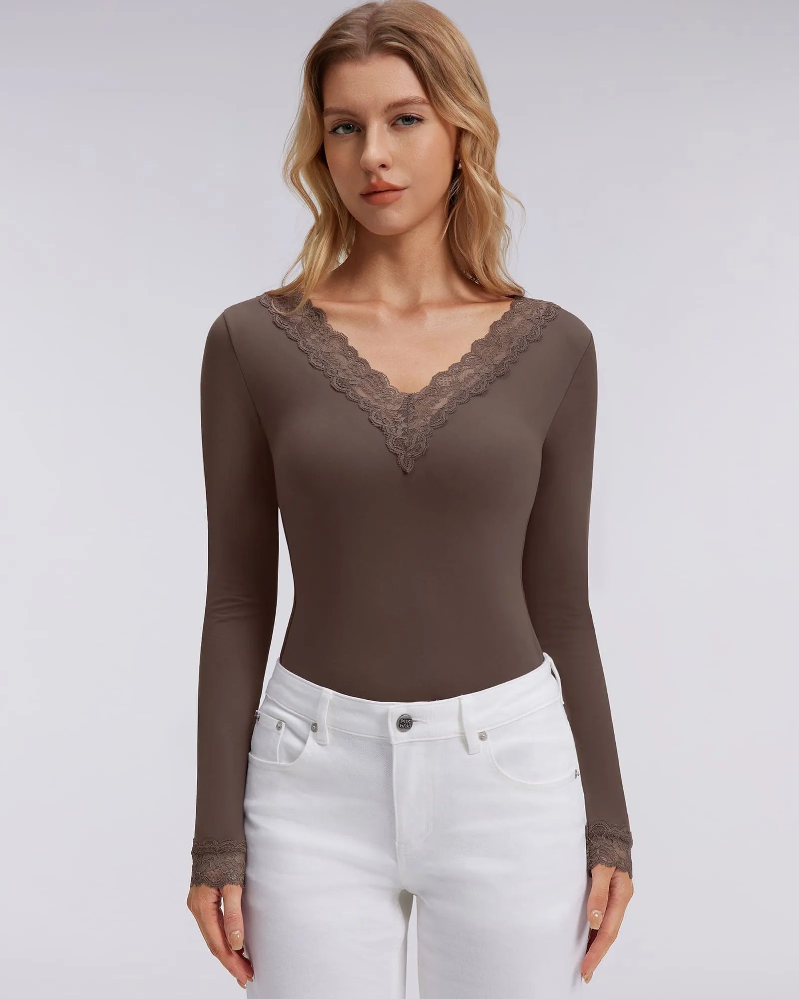 Sexy V Neck Lace Shirt - Long Sleeve
