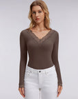 Sexy V Neck Lace Shirt - Long Sleeve