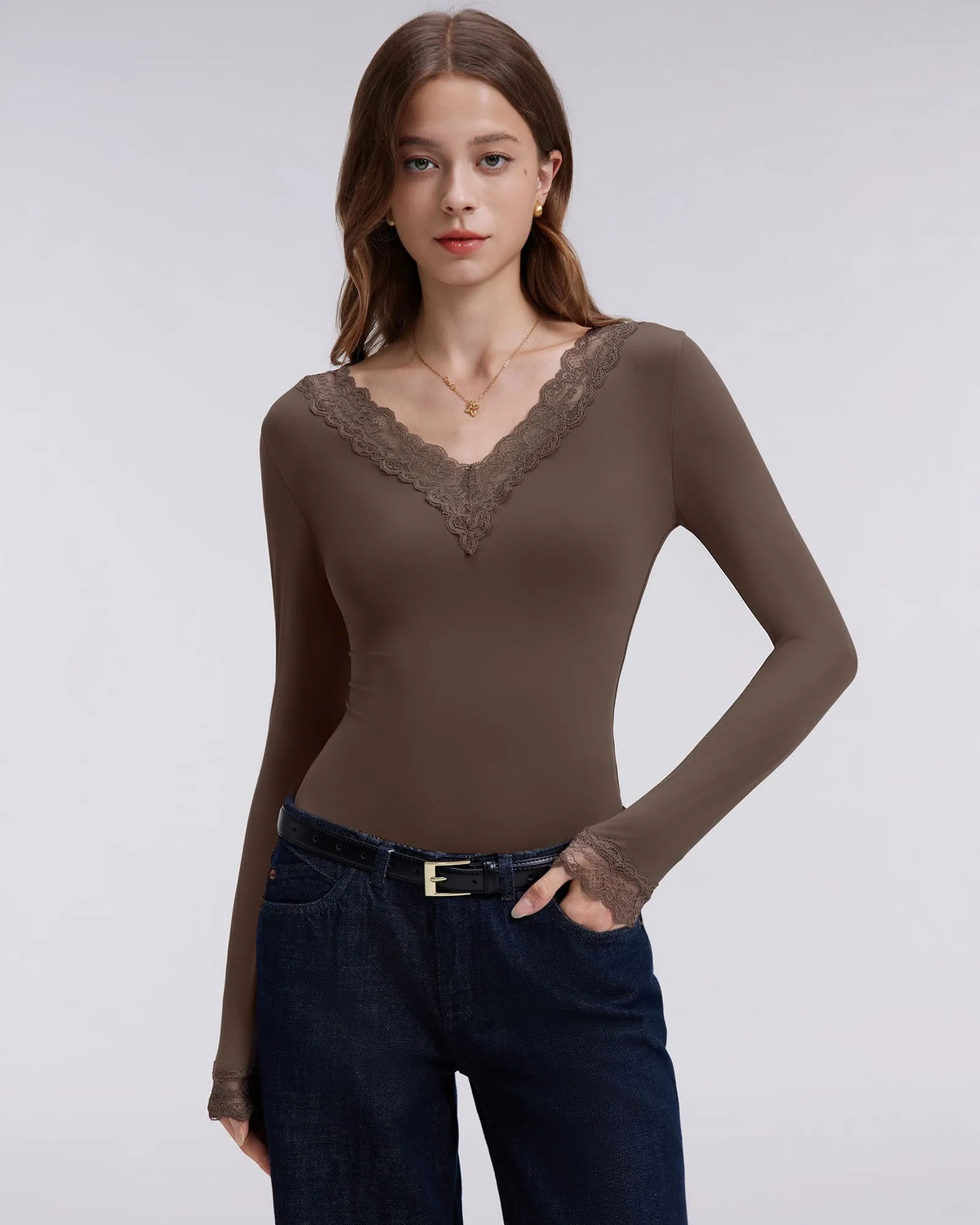 Sexy V Neck Lace Shirt - Long Sleeve
