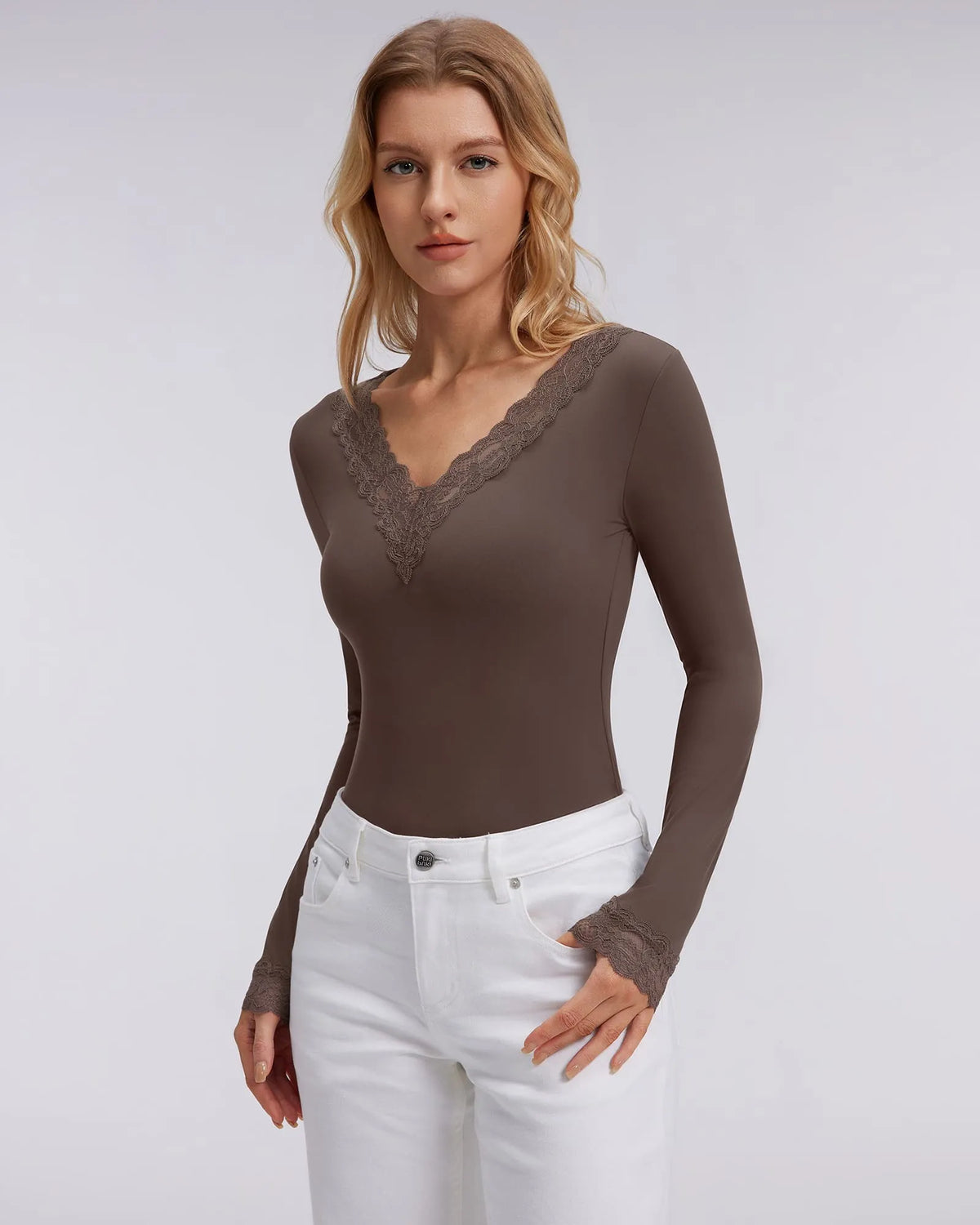 Sexy V Neck Lace Shirt - Long Sleeve