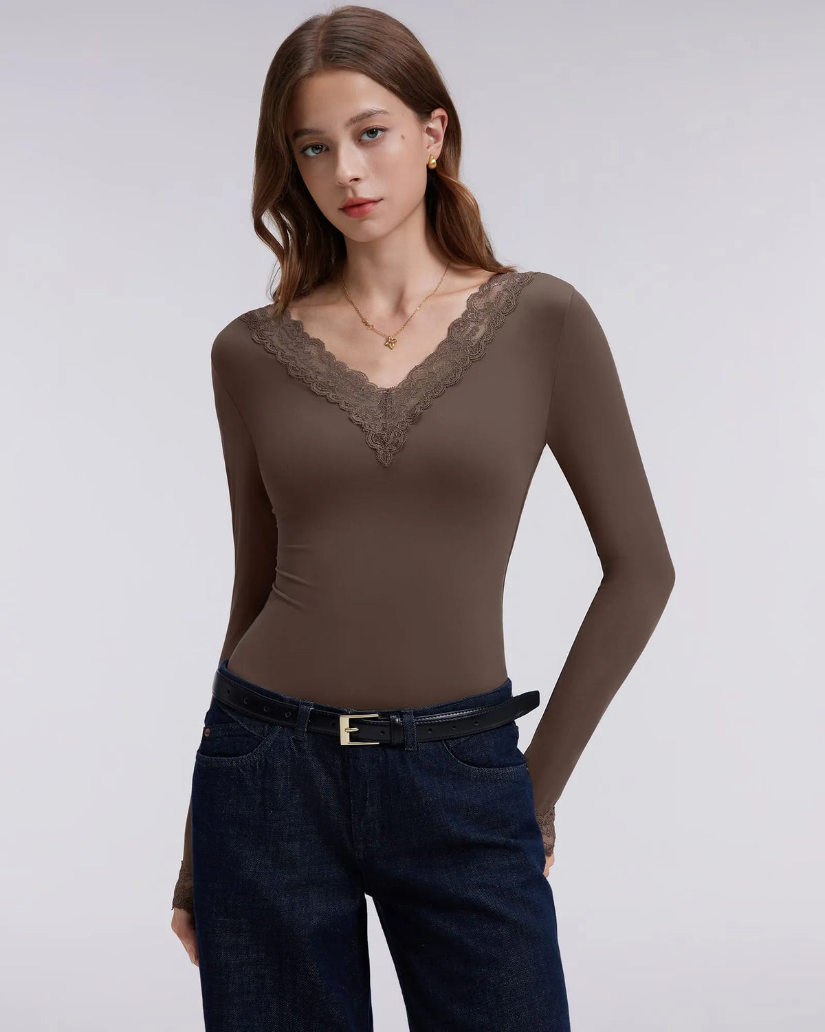 Sexy V Neck Lace Shirt - Long Sleeve