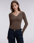 Sexy V Neck Lace Shirt - Long Sleeve