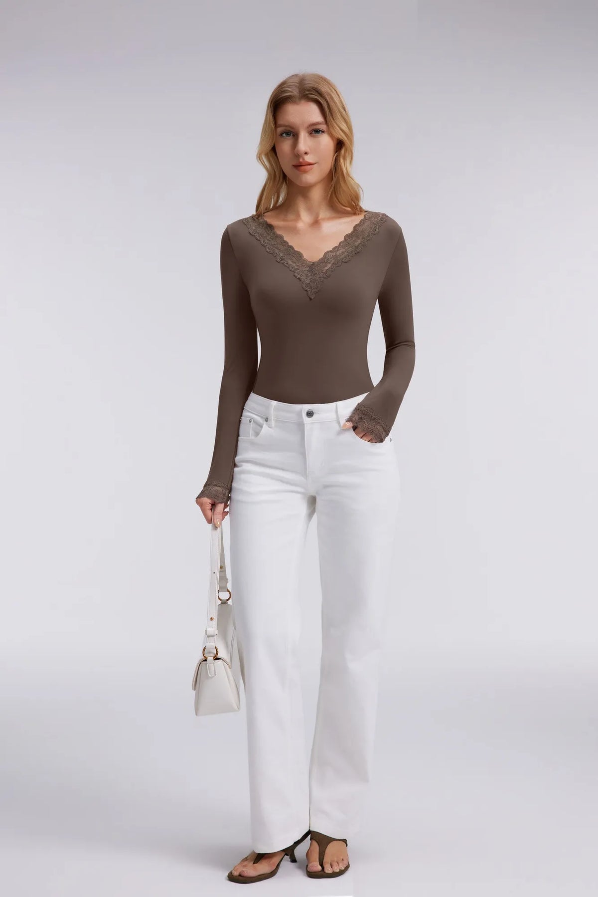 Sexy V Neck Lace Shirt - Long Sleeve