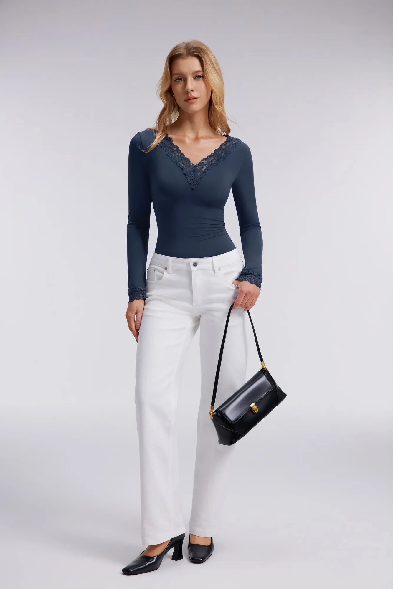 Sexy V Neck Lace Shirt - Long Sleeve