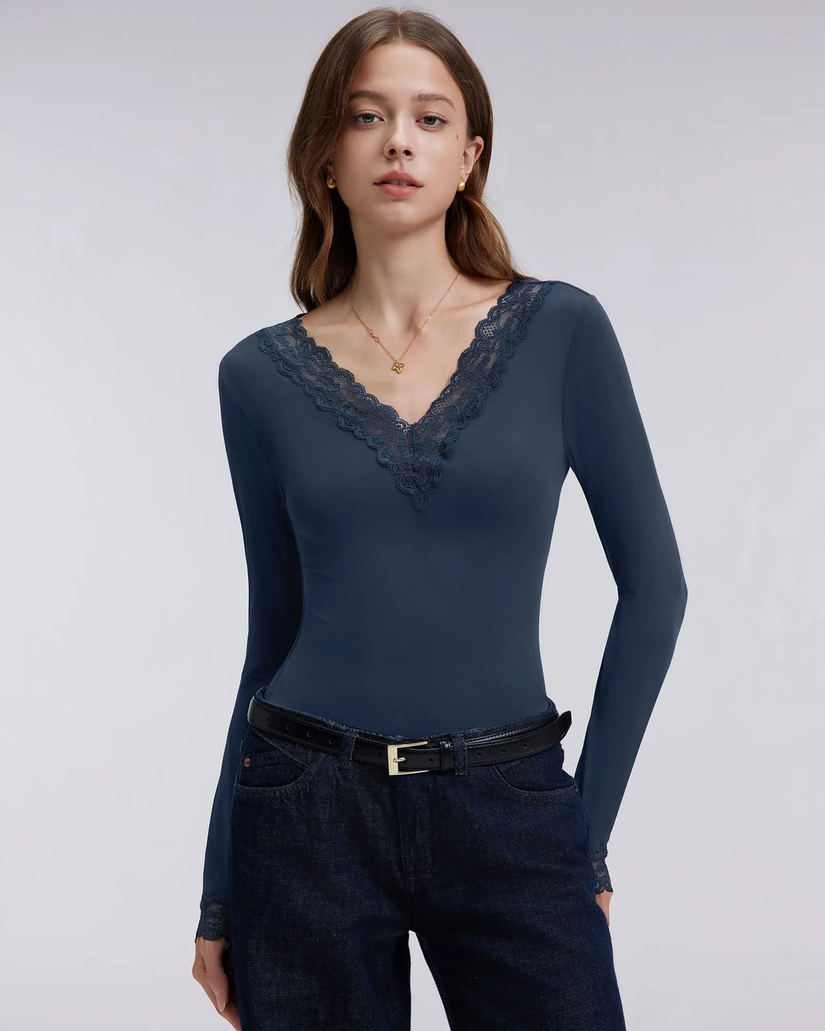 Sexy V Neck Lace Shirt - Long Sleeve