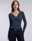 Sexy V Neck Lace Shirt - Long Sleeve