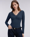 Sexy V Neck Lace Shirt - Long Sleeve