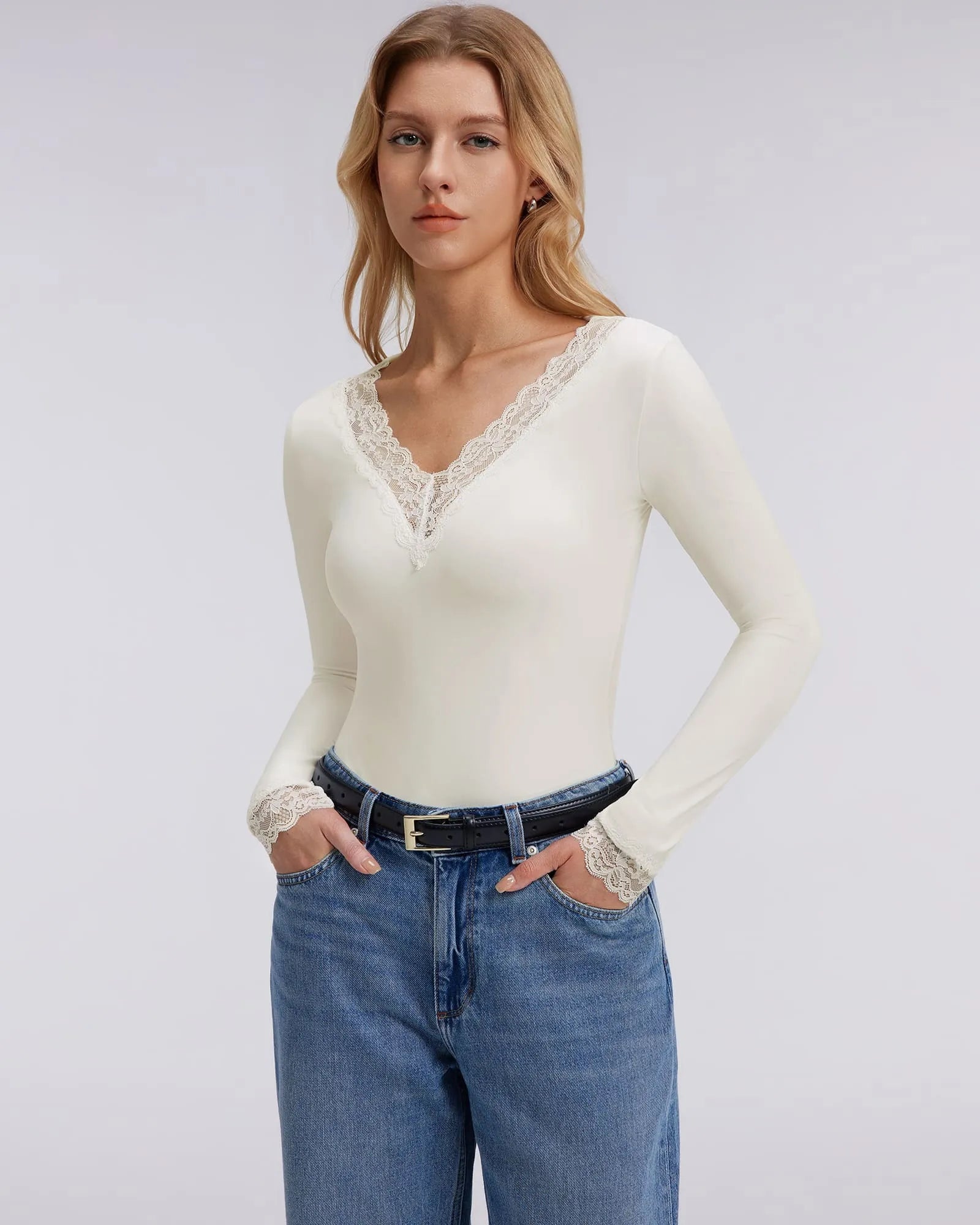 Sexy V Neck Lace Shirt - Long Sleeve