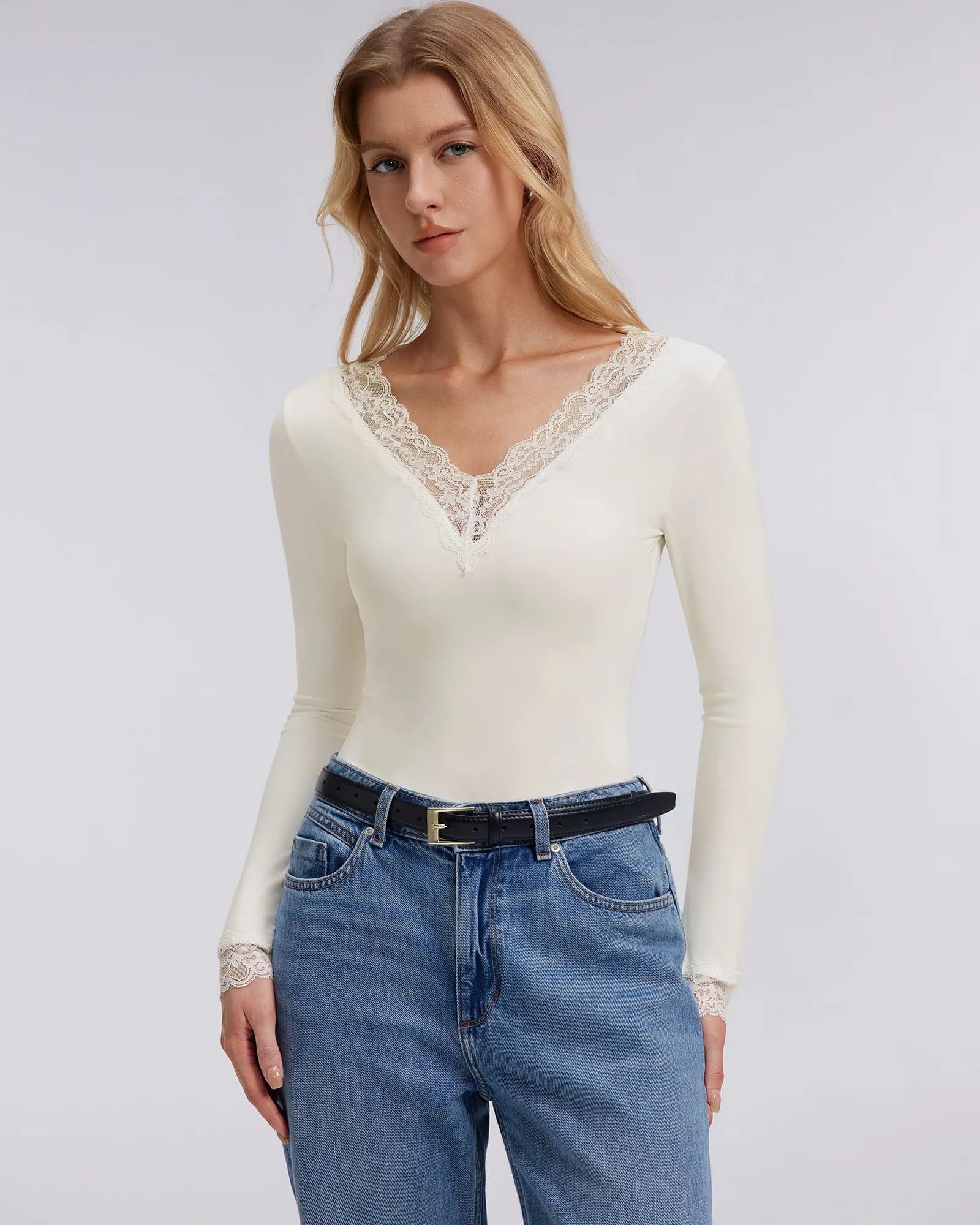 Sexy V Neck Lace Shirt - Long Sleeve