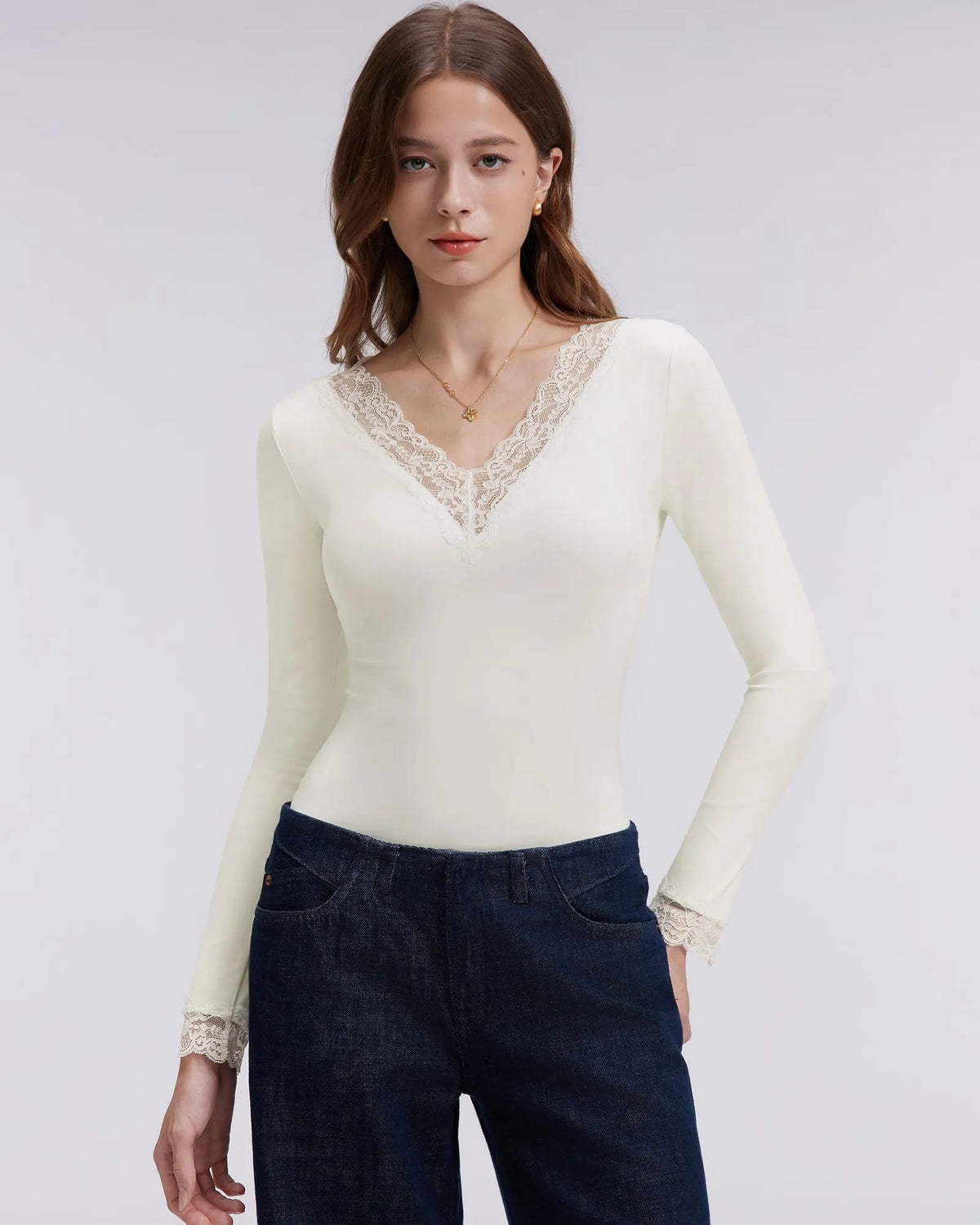 Sexy V Neck Lace Shirt - Long Sleeve