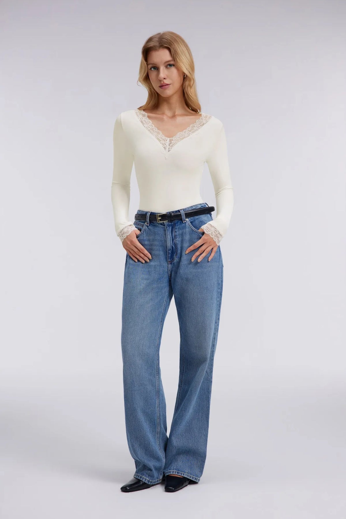 Sexy V Neck Lace Shirt - Long Sleeve