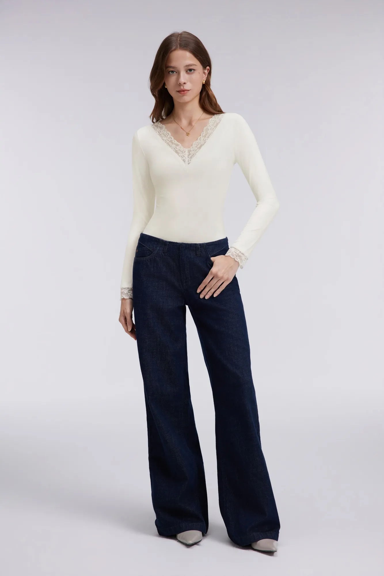 Sexy V Neck Lace Shirt - Long Sleeve