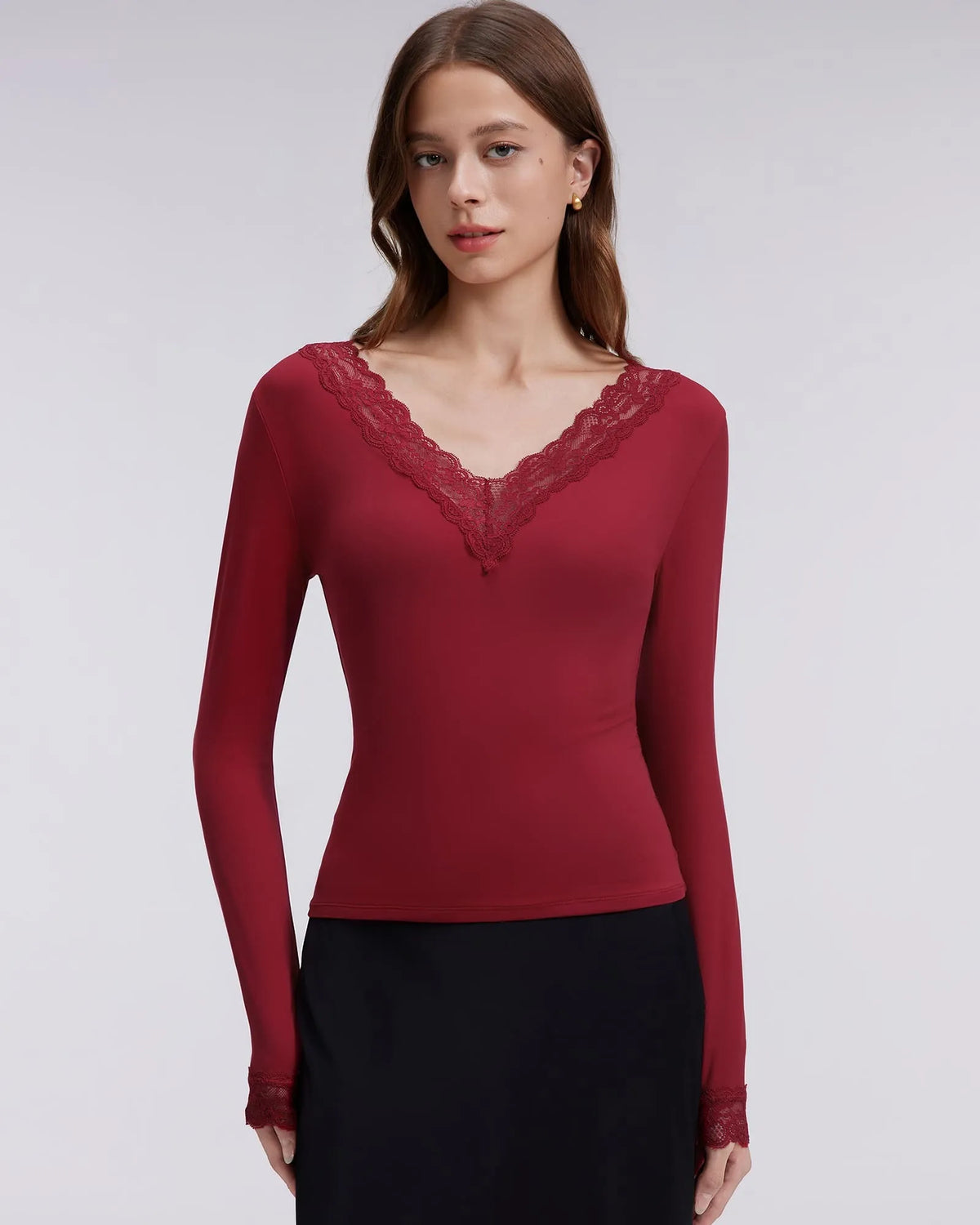 Sexy V Neck Lace Shirt - Long Sleeve