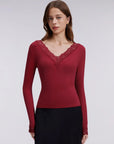 Sexy V Neck Lace Shirt - Long Sleeve