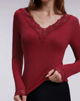 Sexy V Neck Lace Shirt - Long Sleeve