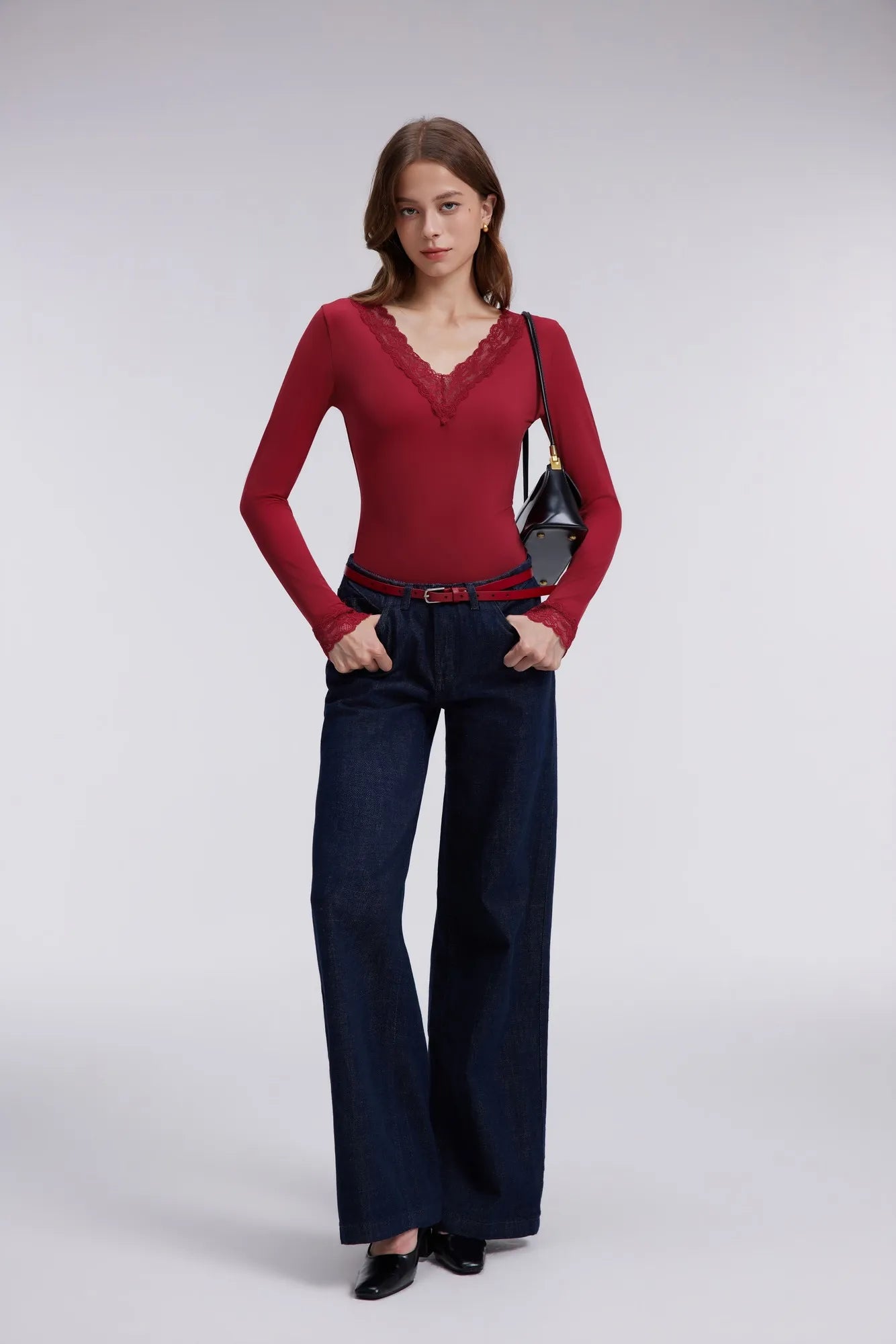 Sexy V Neck Lace Shirt - Long Sleeve