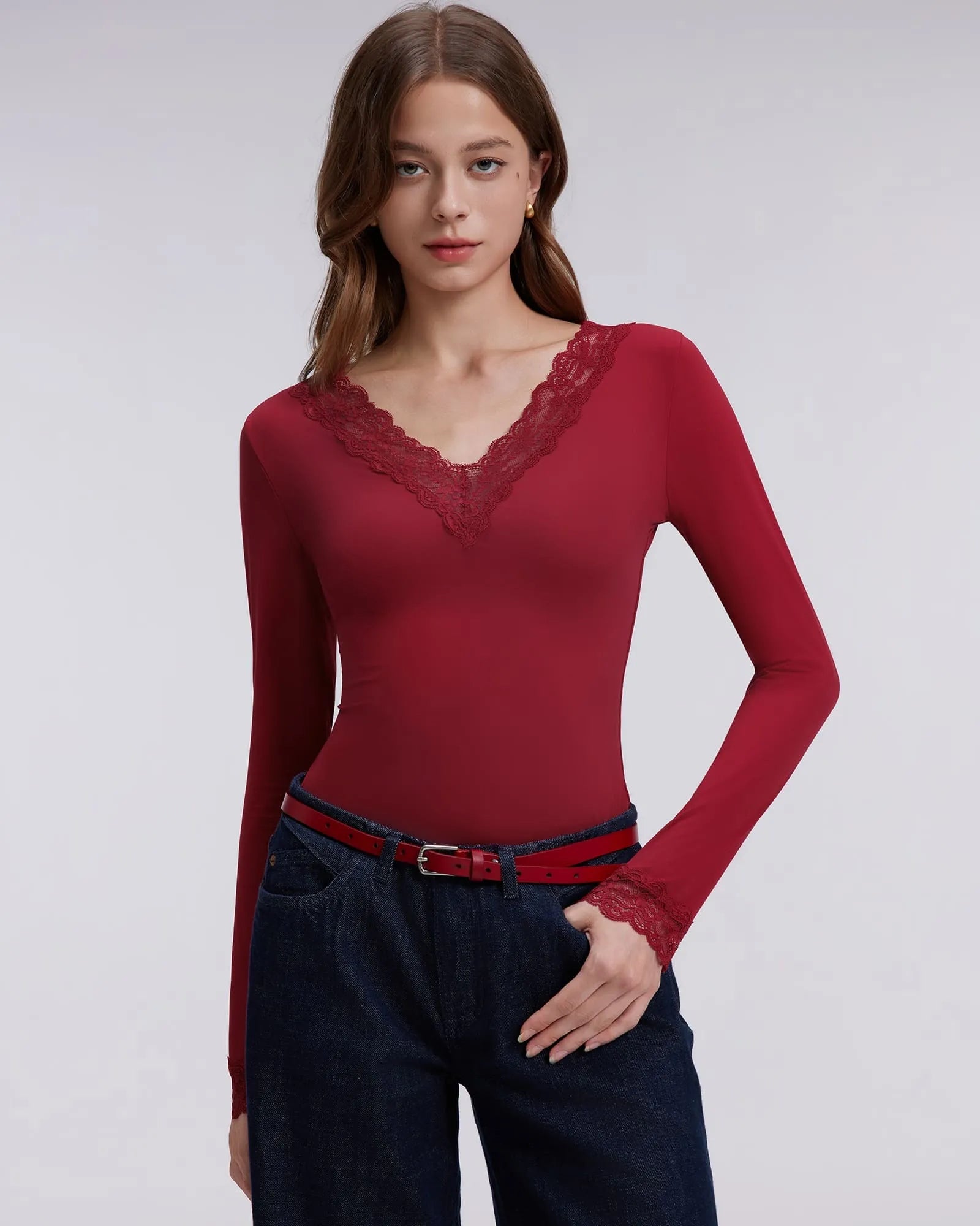 Sexy V Neck Lace Shirt - Long Sleeve