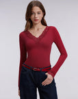 Sexy V Neck Lace Shirt - Long Sleeve