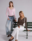 Sexy V Neck Lace Shirt - Long Sleeve