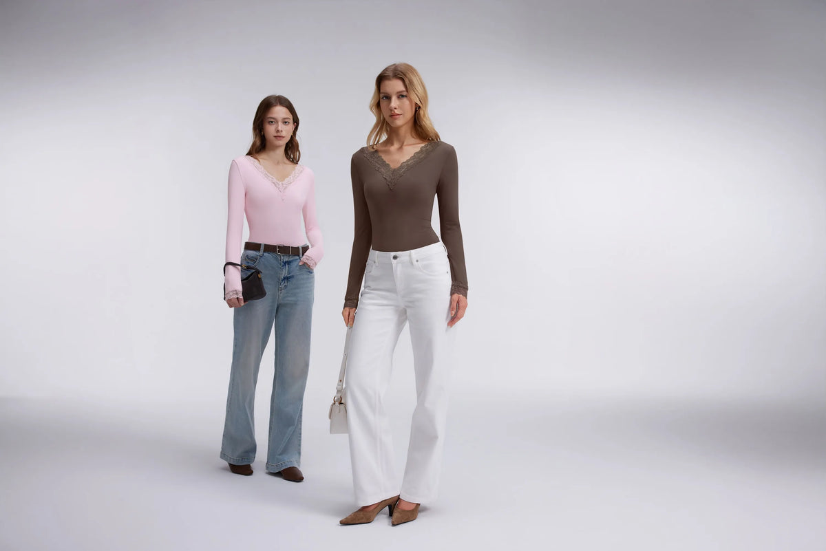 Sexy V Neck Lace Shirt - Long Sleeve