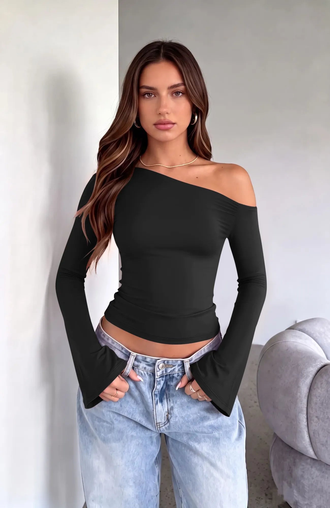 Off Shoulder Bell Long Sleeve-SUUKSESS-Black-XS-SUUKSESS