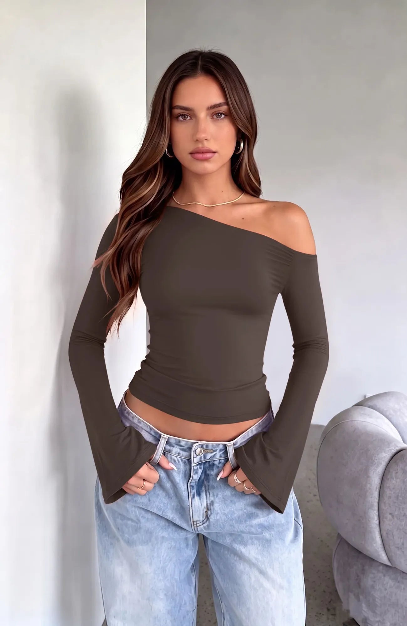 Off Shoulder Bell Long Sleeve-SUUKSESS-Brown-XS-SUUKSESS