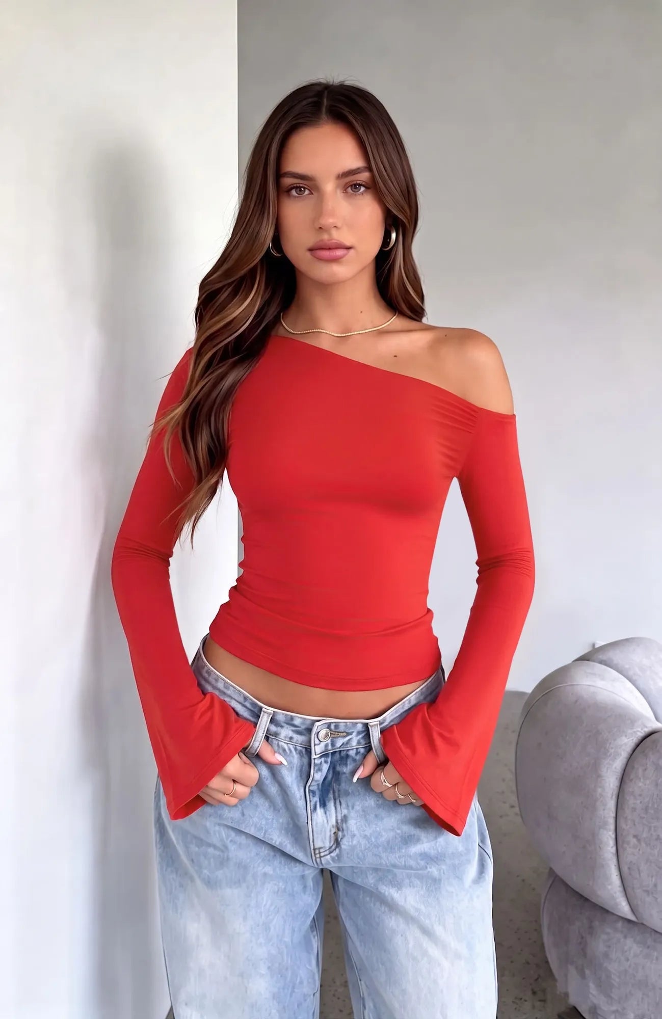 Off Shoulder Bell Long Sleeve-SUUKSESS-SUUKSESS