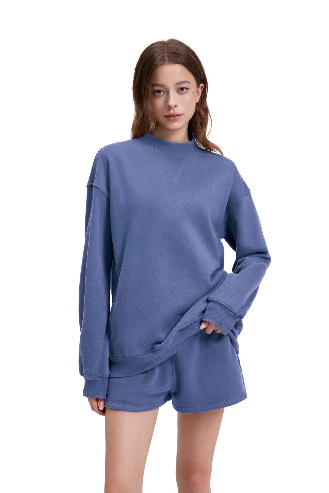 Mock Neck Oversized Sweatshirts-SUUKSESS-Slate Blue-XS-SUUKSESS