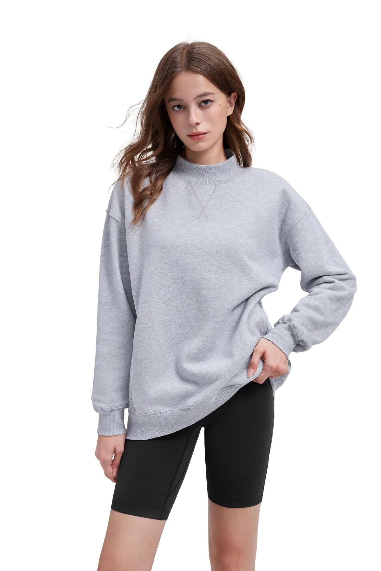 Mock Neck Oversized Sweatshirts-SUUKSESS-Heather Grey-XS-SUUKSESS