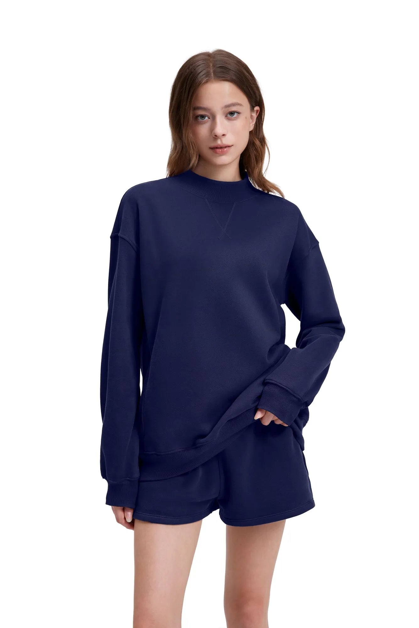 Mock Neck Oversized Sweatshirts-SUUKSESS-Navy Blue-XS-SUUKSESS