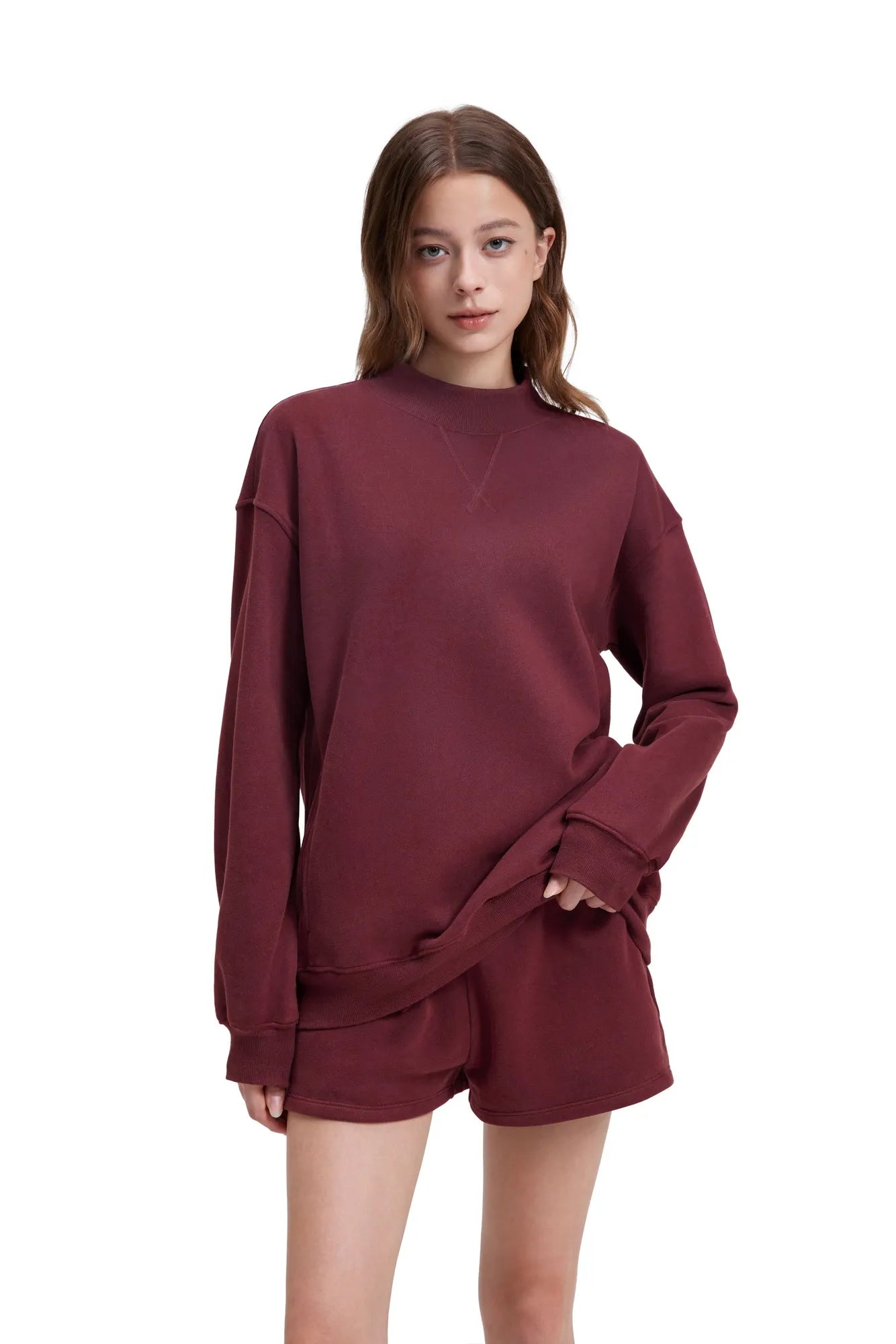 Mock Neck Oversized Sweatshirts-SUUKSESS-Wine Red-XS-SUUKSESS