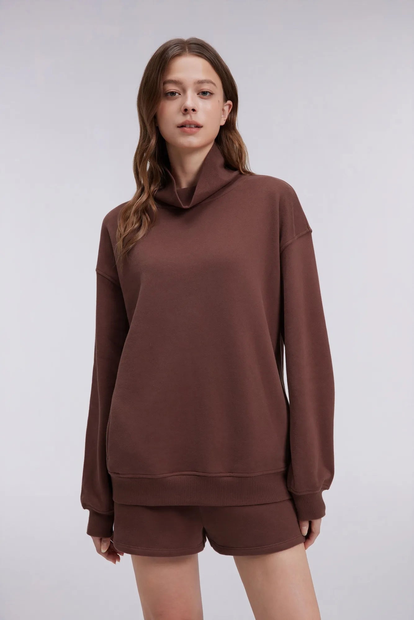 Mock Neck Sweatshirt Fleece-SUUKSESS-Brown-XS-SUUKSESS