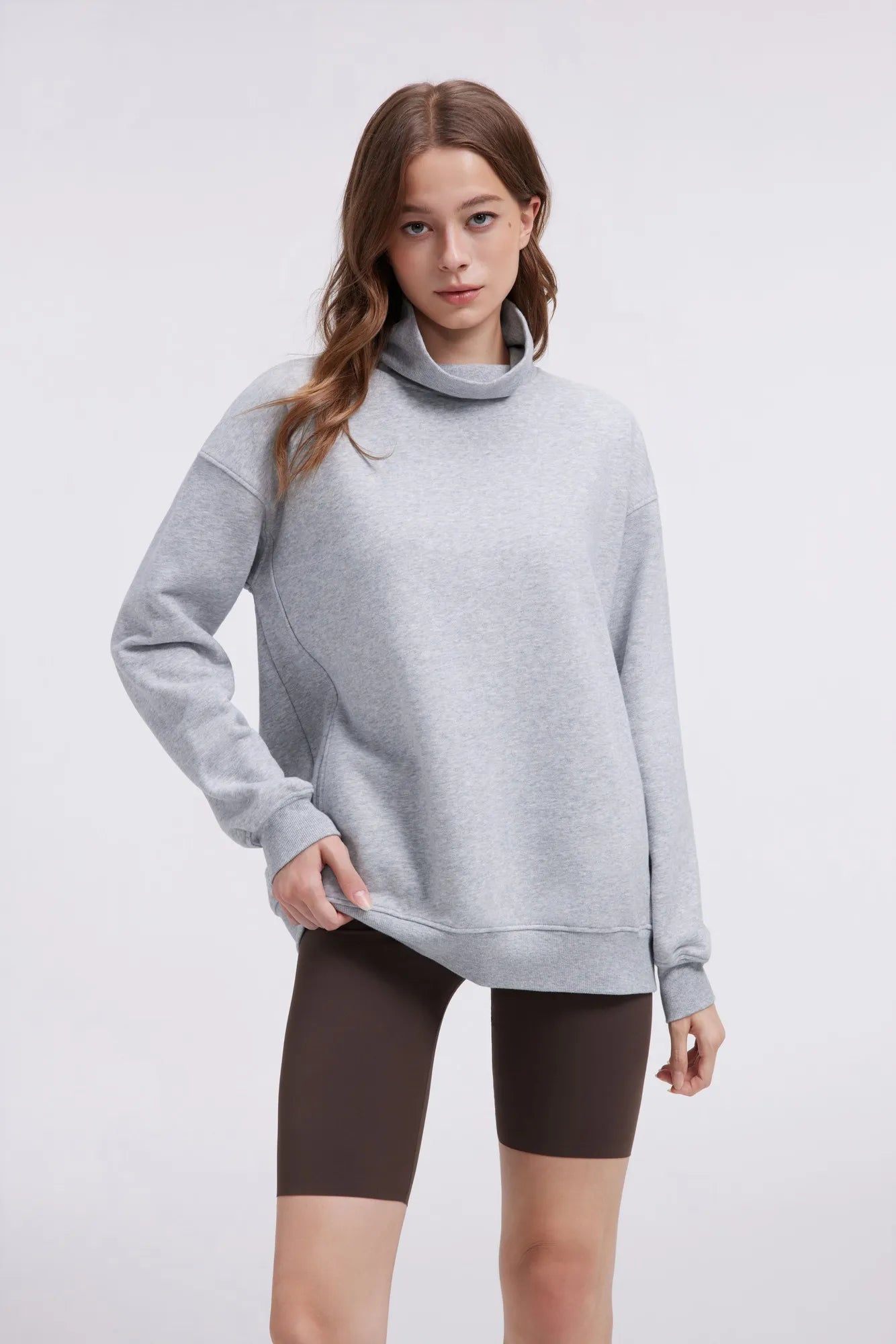 Mock Neck Sweatshirt Fleece-SUUKSESS-Grey-XS-SUUKSESS