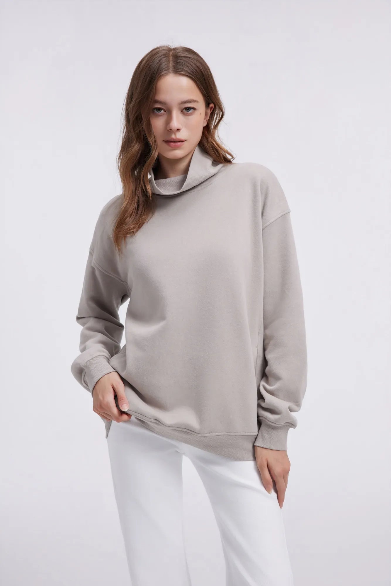Mock Neck Sweatshirt Fleece-SUUKSESS-Coffeegrey-XS-SUUKSESS
