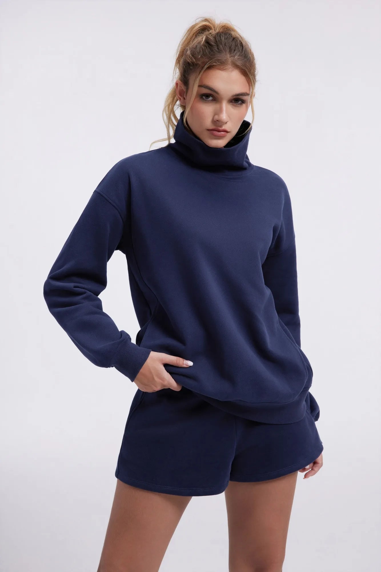 Mock Neck Sweatshirt Fleece-SUUKSESS-Navy Blue-XS-SUUKSESS