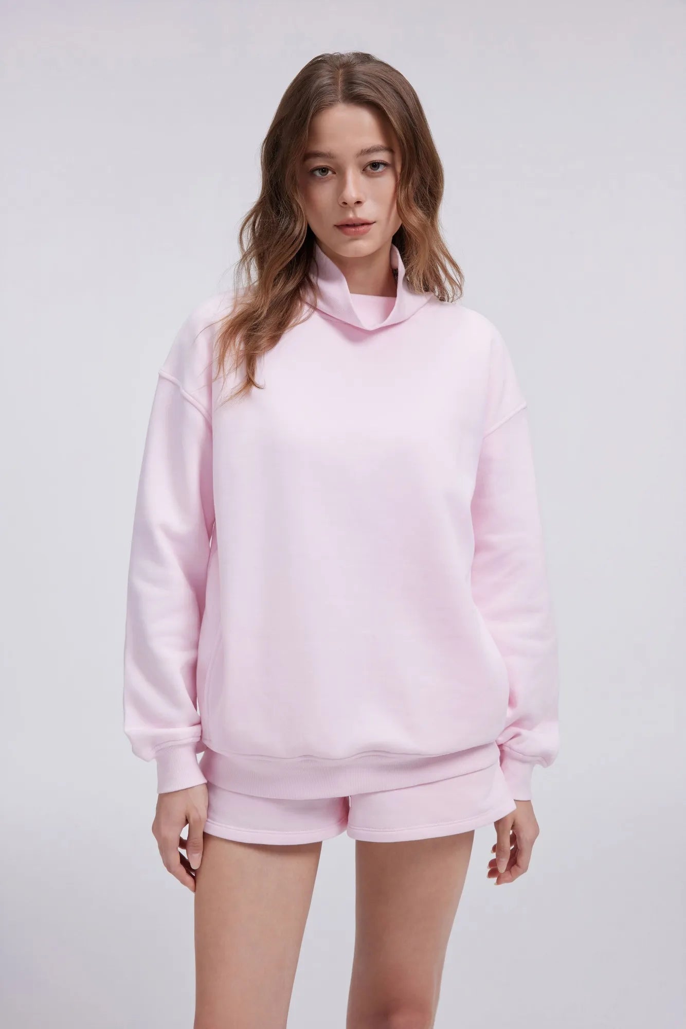 Mock Neck Sweatshirt Fleece-SUUKSESS-Baby Pink-XS-SUUKSESS