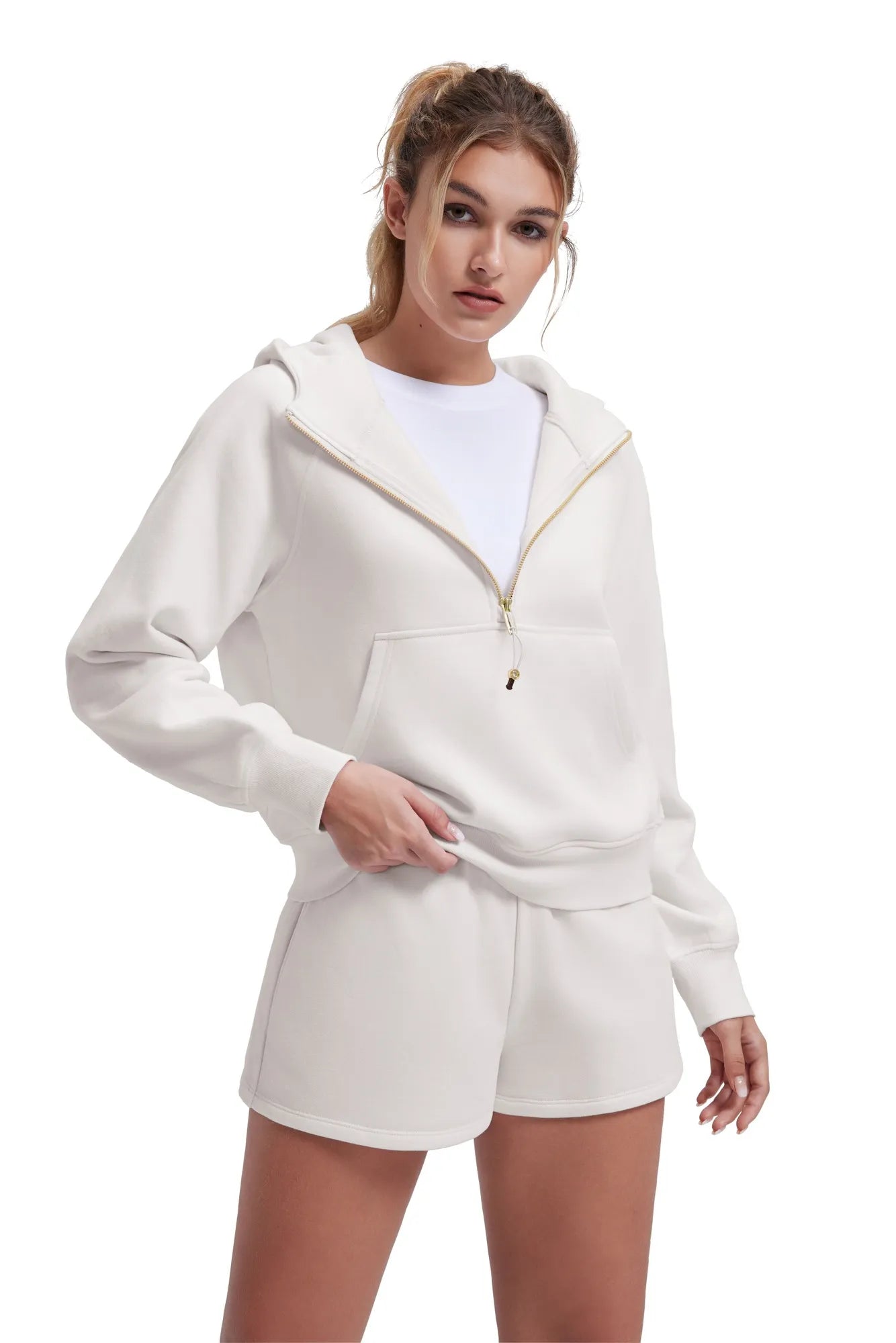 Gold Half Zip up Cotton Hoodies Sweatshirt-SUUKSESS-Apricot-XS-SUUKSESS