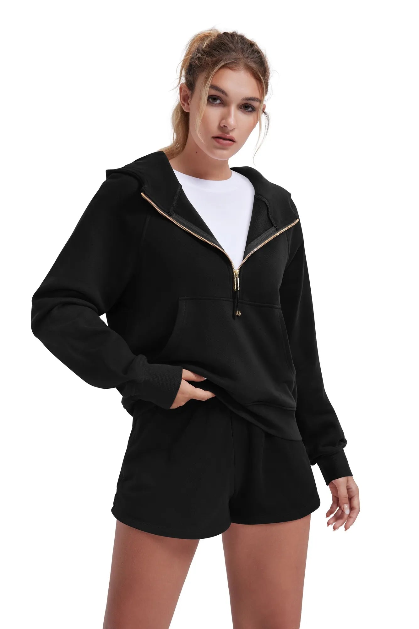 Gold Half Zip up Cotton Hoodies Sweatshirt-SUUKSESS-Black-XS-SUUKSESS