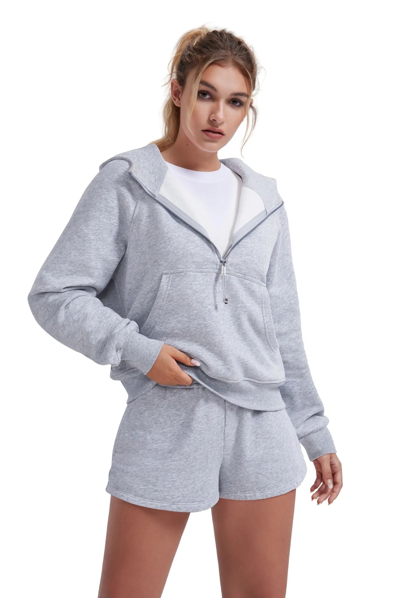Gold Half Zip up Cotton Hoodies Sweatshirt-SUUKSESS-Heather Grey-XS-SUUKSESS