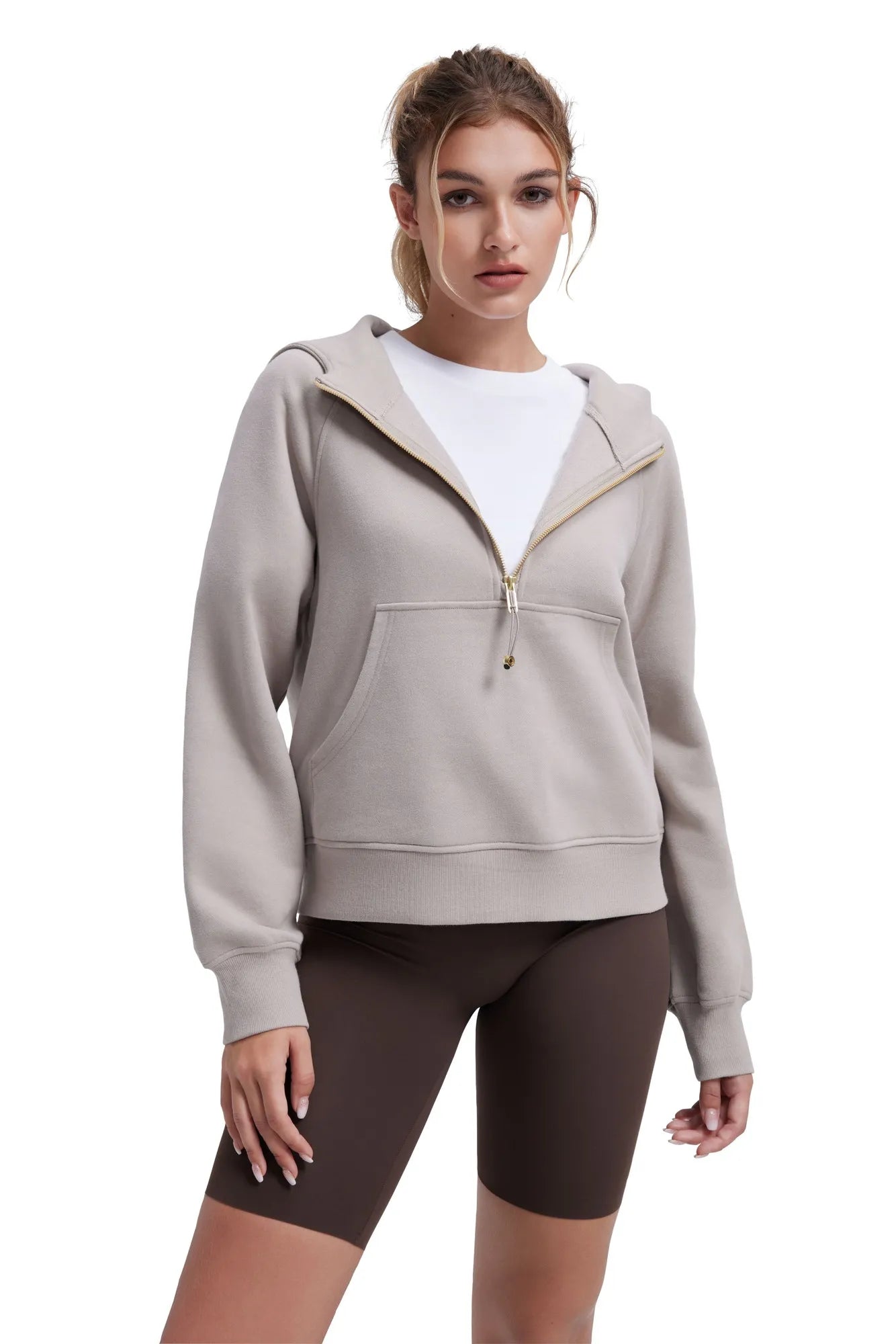 Gold Half Zip up Cotton Hoodies Sweatshirt-SUUKSESS-Taupe-XS-SUUKSESS