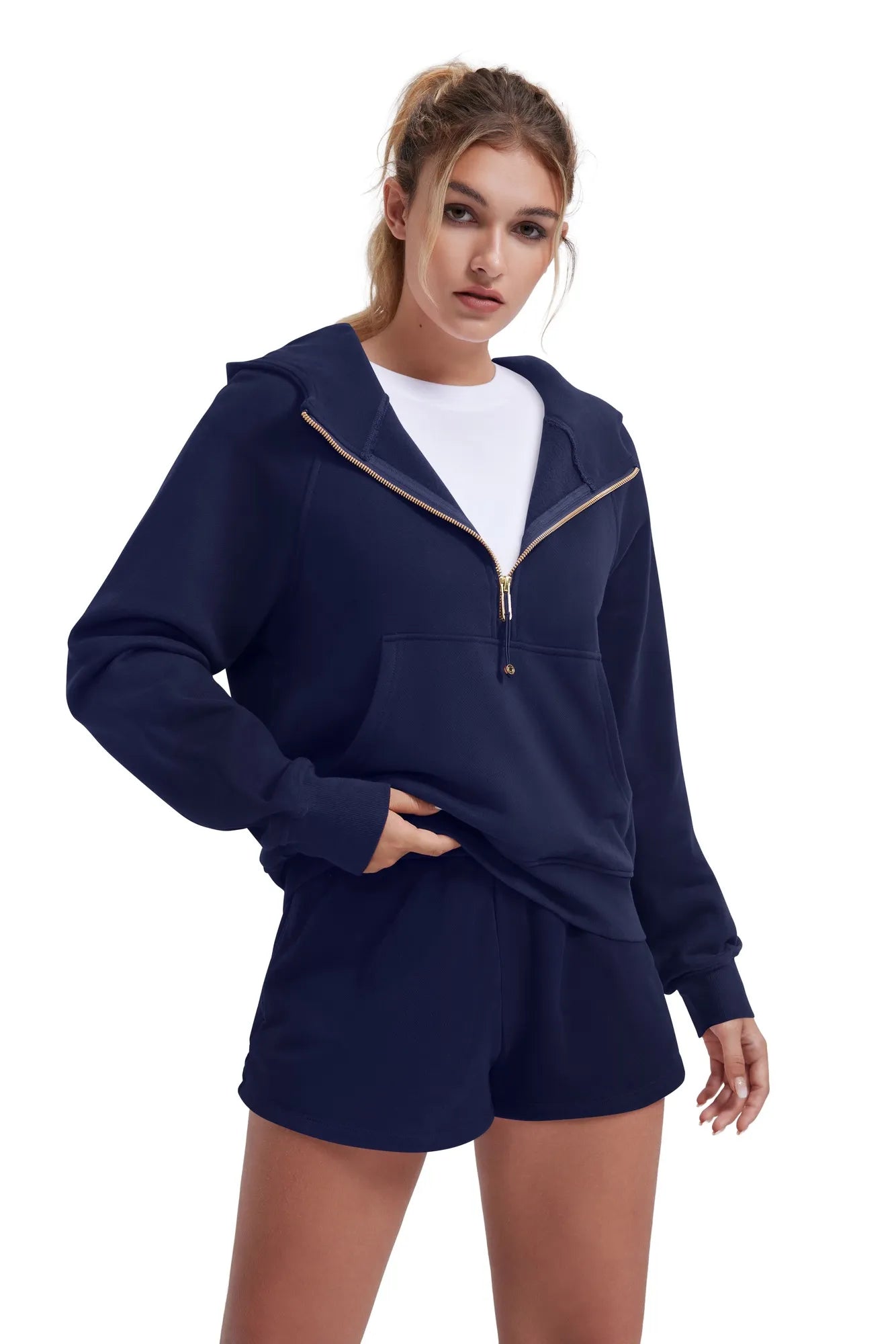 Gold Half Zip up Cotton Hoodies Sweatshirt-SUUKSESS-Navy Blue-XS-SUUKSESS